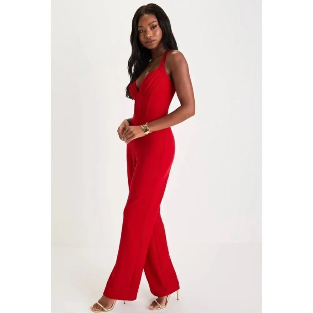 Lulus Modern Diva Red Pleated Sleeveless Bustier Jumpsuit Size M - Picture 3 of 11